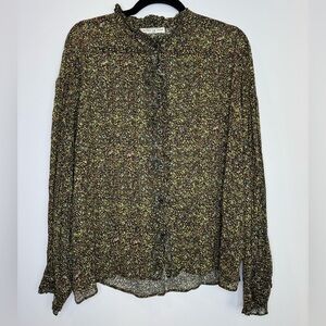 Circle Of Trust green ruffle trim abstract Floral Button-Up Blouse size large